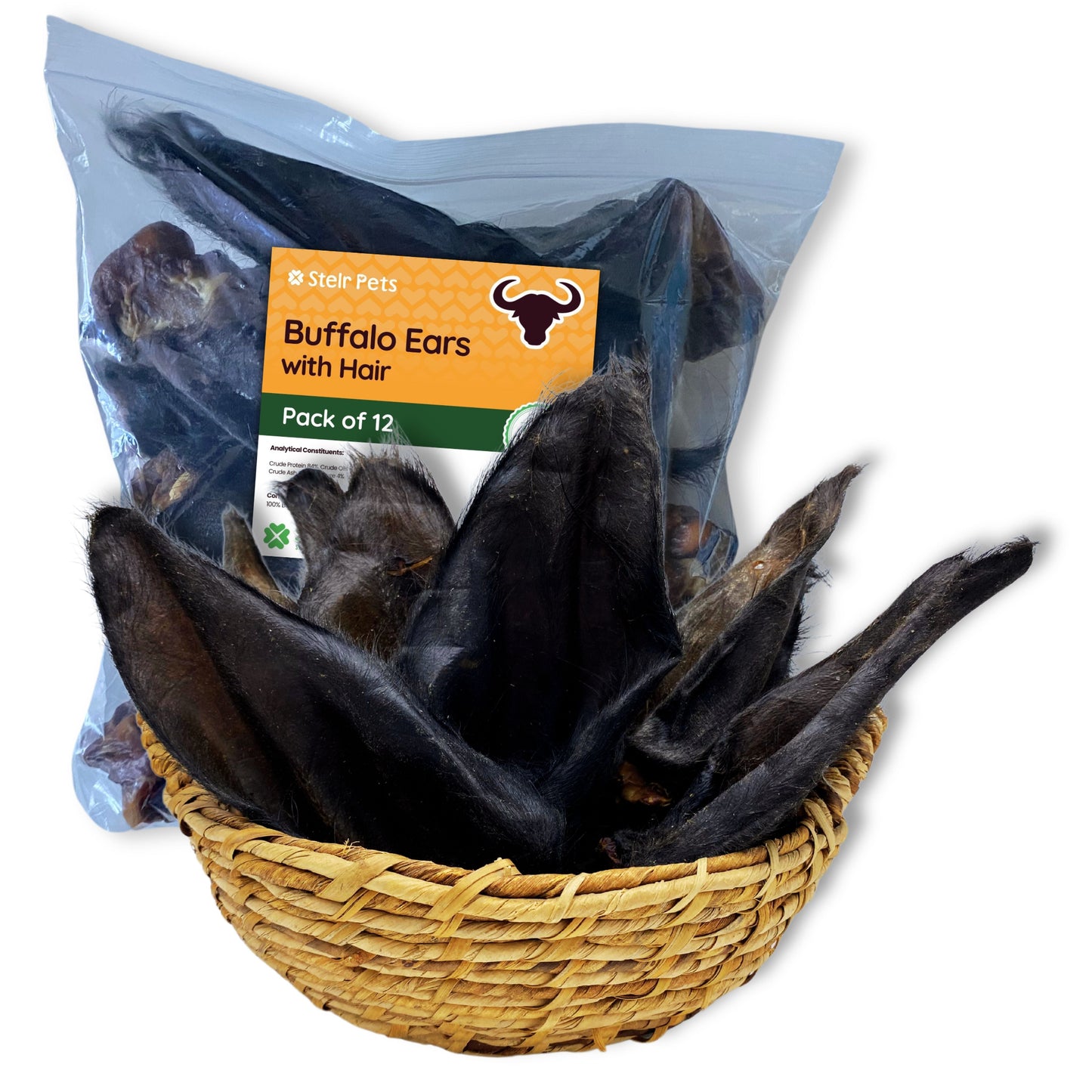 The image shows a basketful of buffalo ears with hair and a bag of 12 ears branded Stelr Pets behind it.