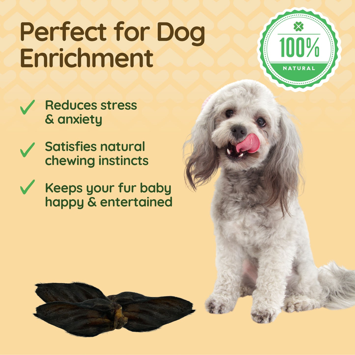 The image shows three buffalo ears and a white dog licking its lips. Caption reads 'perfect for dog enrichment'.