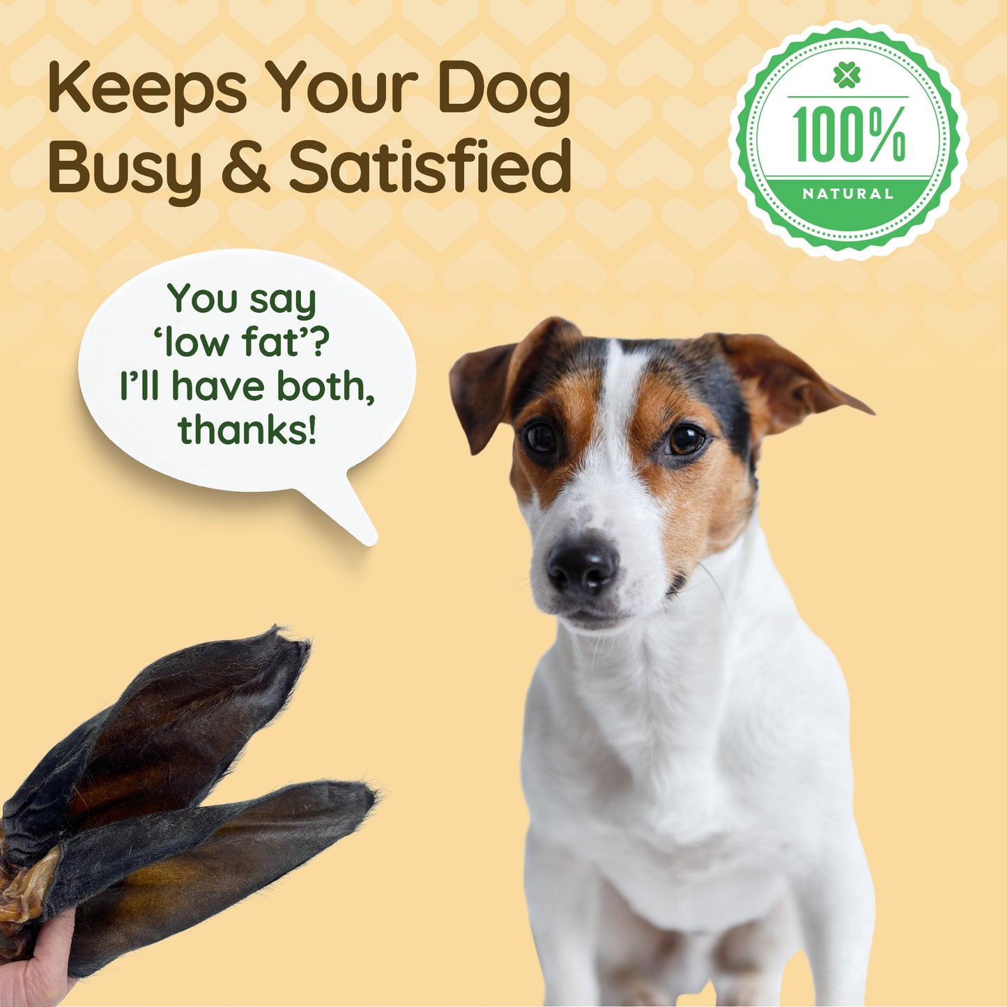 A dog intensely staring at a hand holding two hairy buffalo ears. The caption reads 'Keeps your dog busy and satisfied'. A speech bubble next to the dog reads 'You say 'low fat'? I'll have both, thanks'.