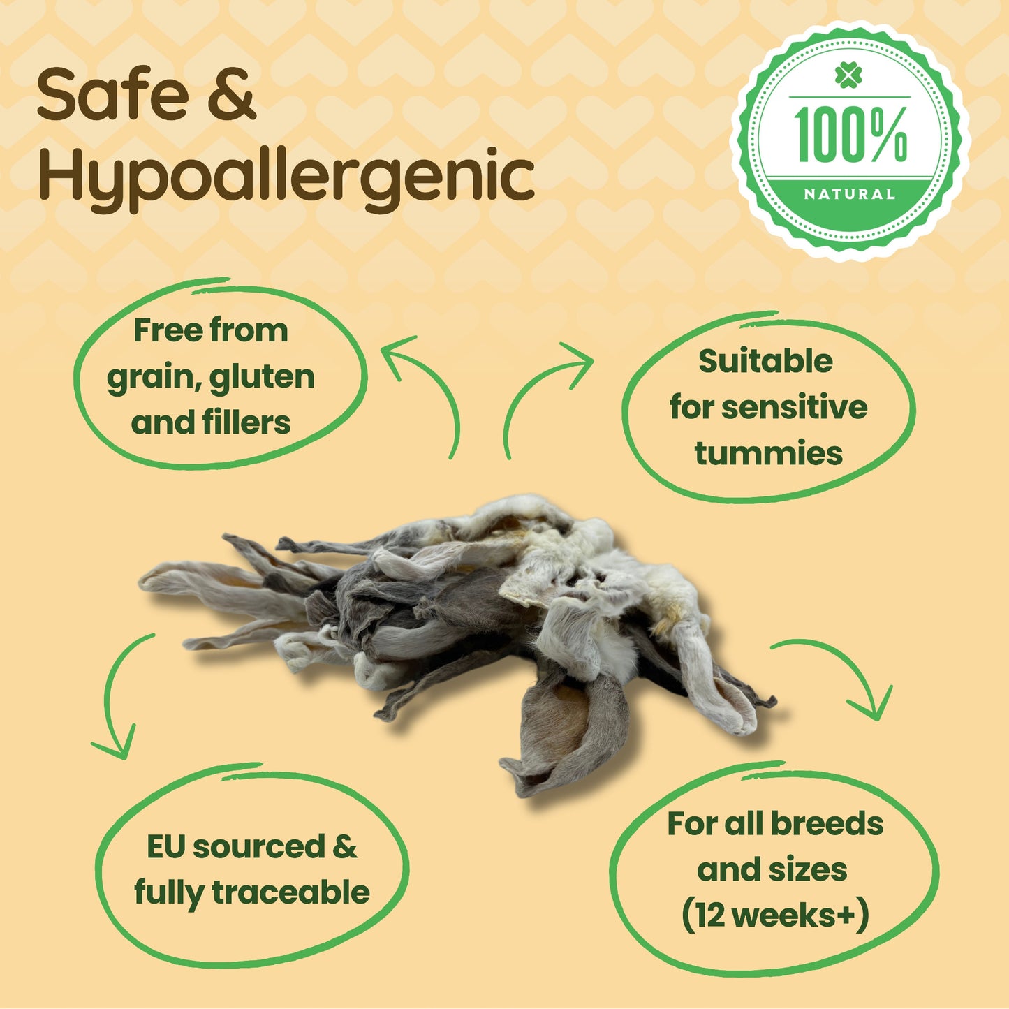 The image features rabbit ears with fur with caption 'safe & hypoallergenic'.