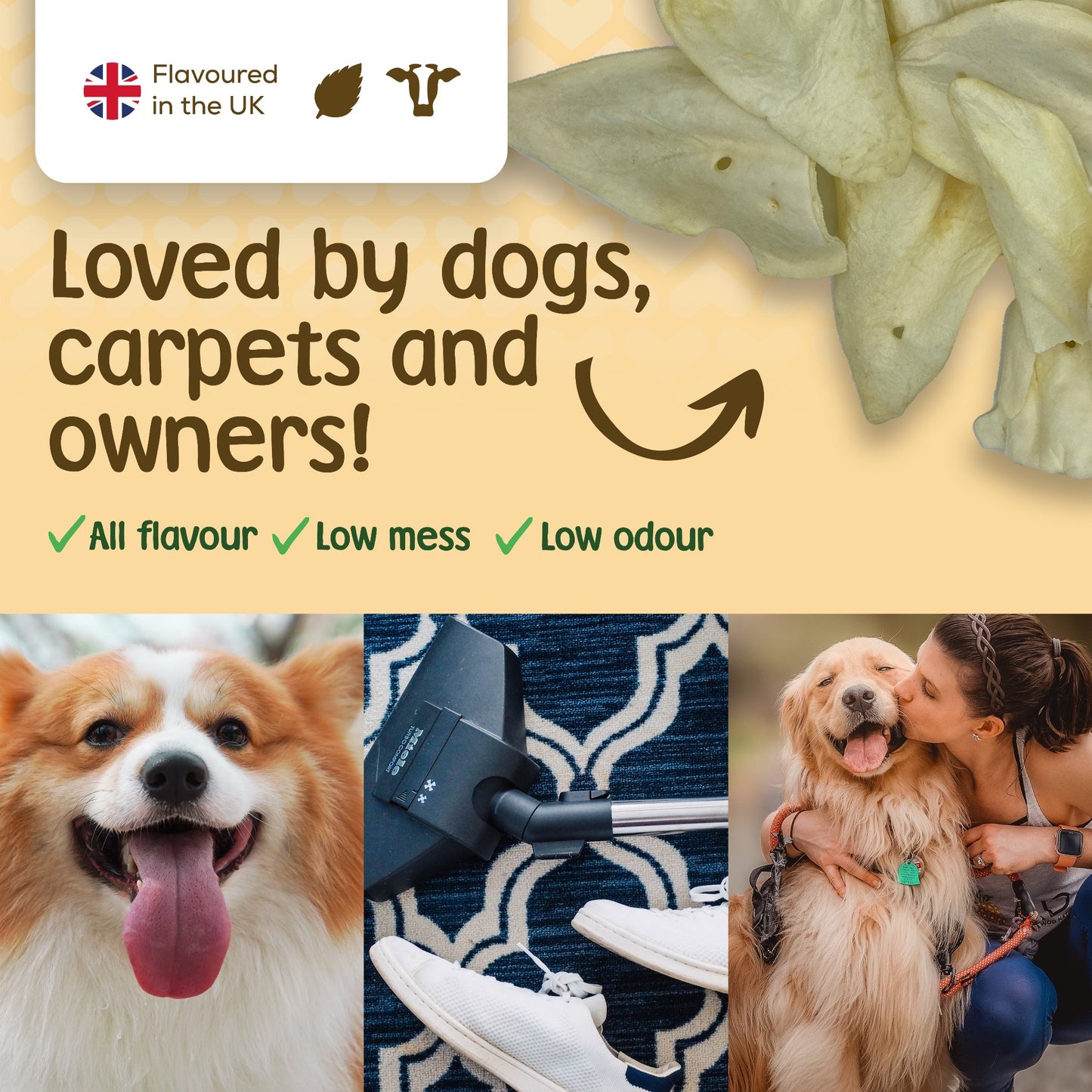 Stelr Pets cows ears are low odour chews that are all flavour and no mess.