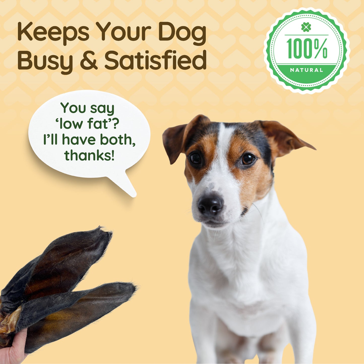 A dog intensely staring at a hand holding two hairy buffalo ears. The caption reads 'Keeps your dog busy and satisfied'. A speech bubble next to the dog reads 'You say 'low fat'? I'll have both, thanks'. 