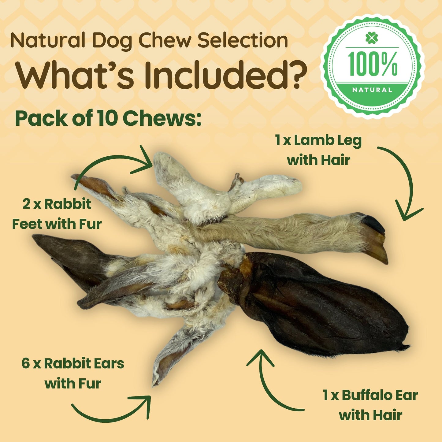 The image shows the contents included in the Stelr Pets natural dog chew selection, alongside the callouts pointing to each element of the pack. The 10 pack includes 6 rabbit ears with fur, 2 rabbit feet with fur, 1 lamb leg with hair and 1 buffalo ear with hair. 
