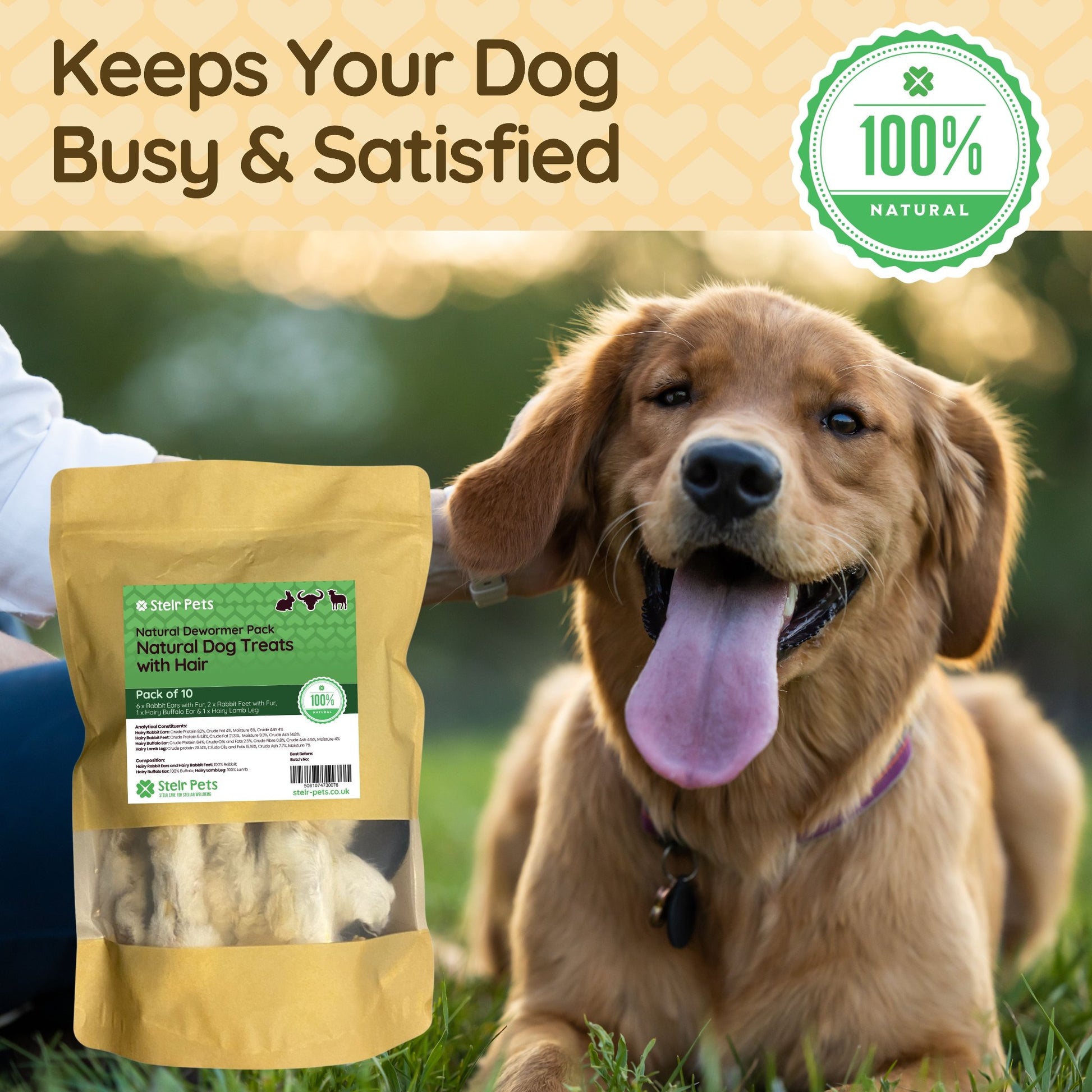 An image shows a happy dog lying on the grass, with a pack of Natural Dog Treats with Hair from Stelr Pets. The image caption reads 'Keeps Your Dog Busy & Satisfied'.