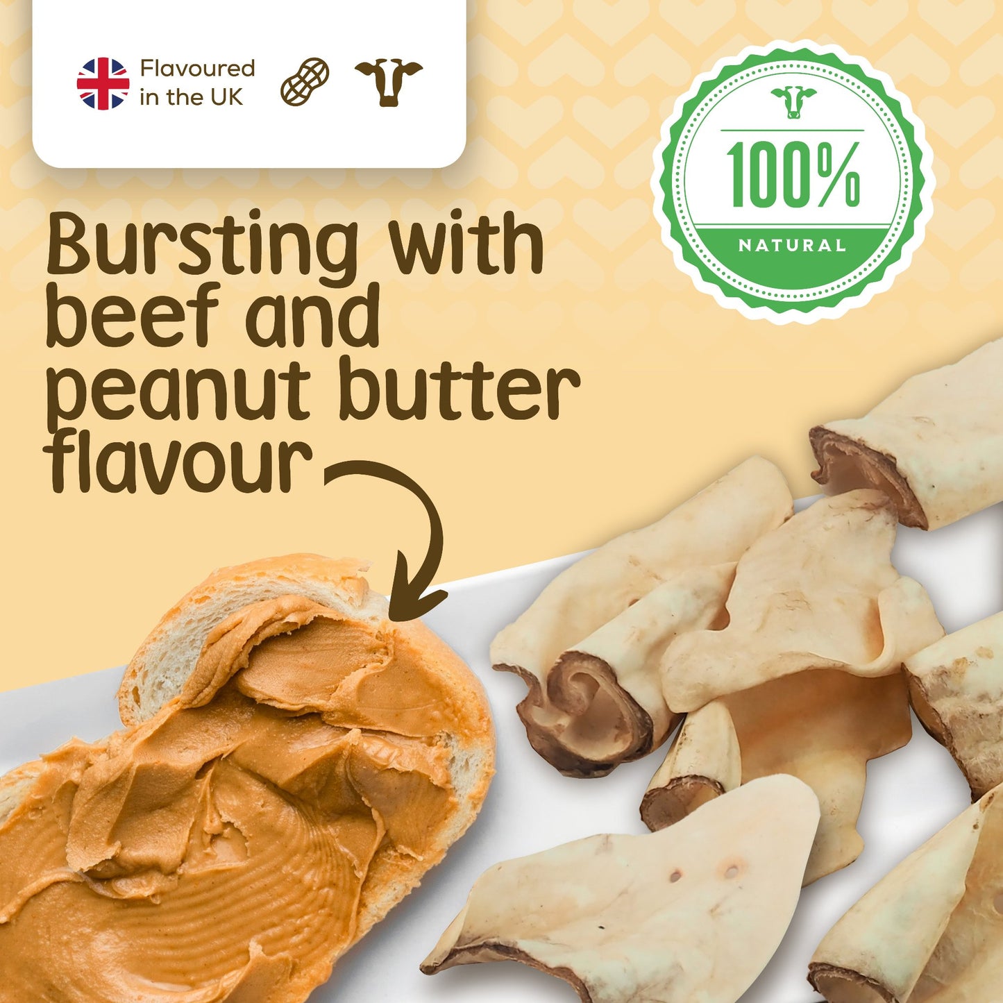 100% natural cow ears for dogs from Stelr Pets, described as bursting with beef and peanut butter flavour. 