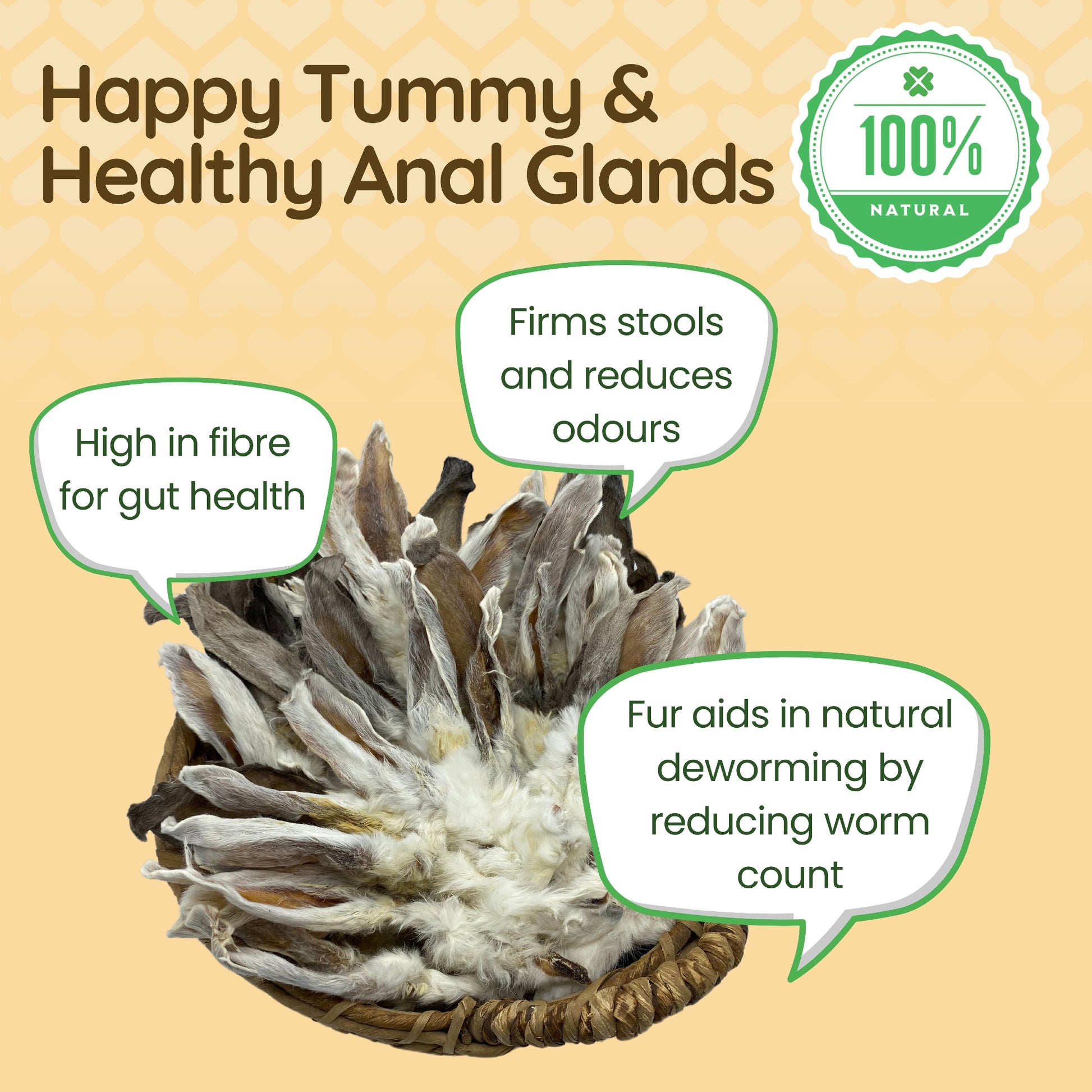 Image shows a basketful of Rabbit Ears with Fur for Dogs  over a pale yellow background. Caption reads 'happy tummy and healthy anal glands'. 