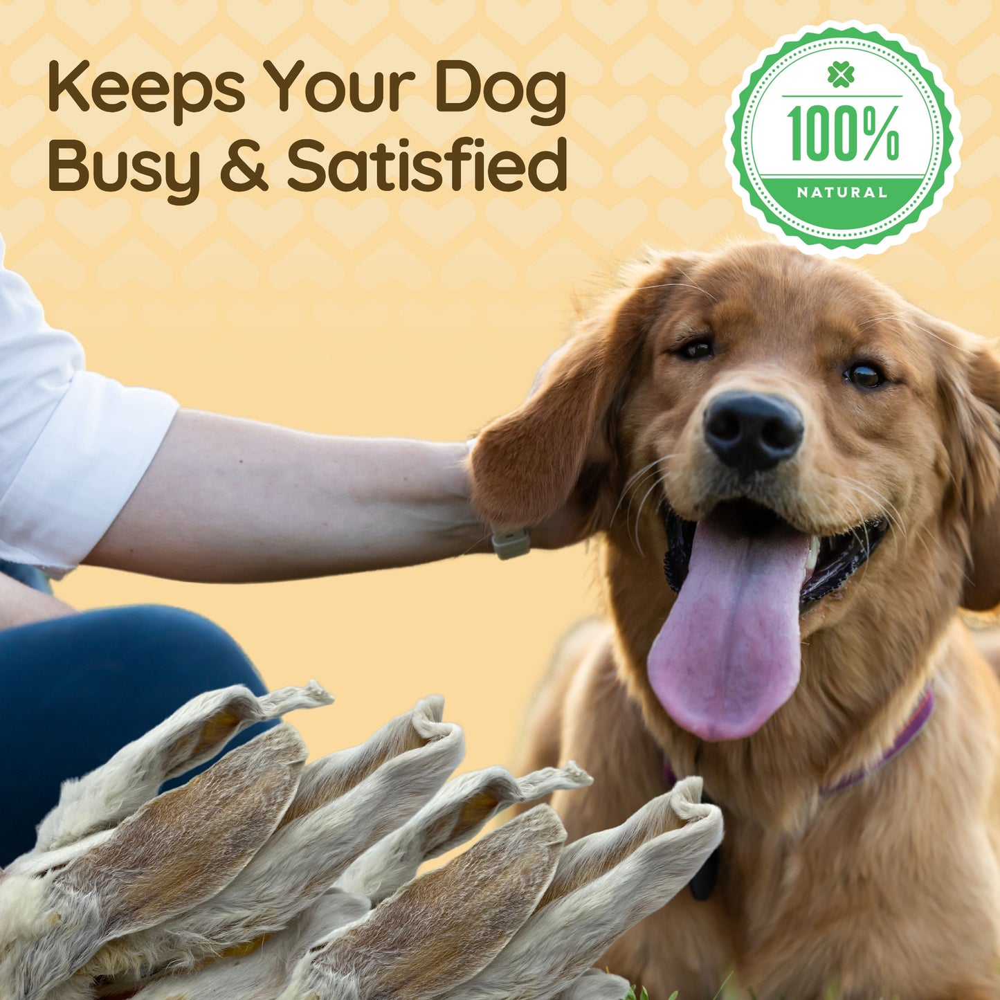 The image shows a happy dog looking a a bunch of rabbits ears with fur from Selr Pets. Caption reads 'keeps your dog busy and satisfied'.