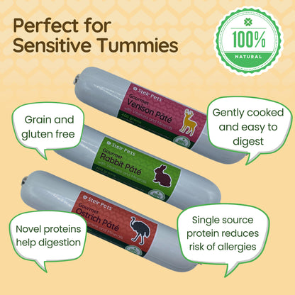 An image of 3 tubes of Stelr Pets Pate with a caption 'perfect for sensitive tummies'.