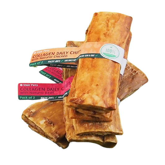 A stack of dog treats labeled "Collagen Daily Chips" with natural chicken and natural beef, from Steir Pets.