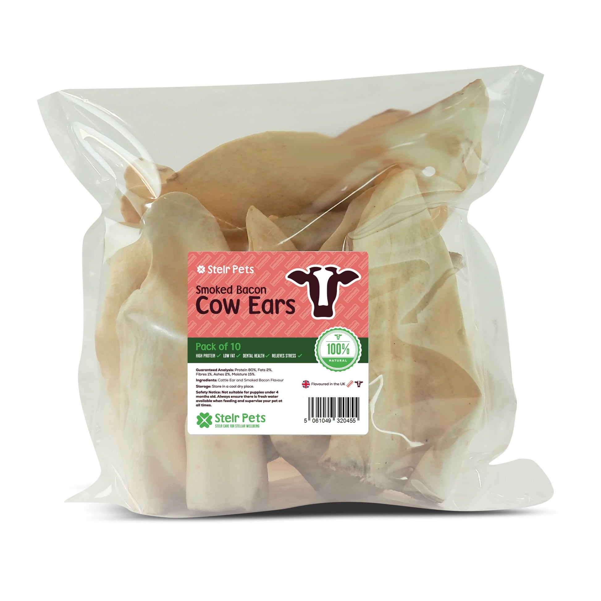 A pack of natural cow ears for dogs from Stelr Pets in smoked bacon flavour. 