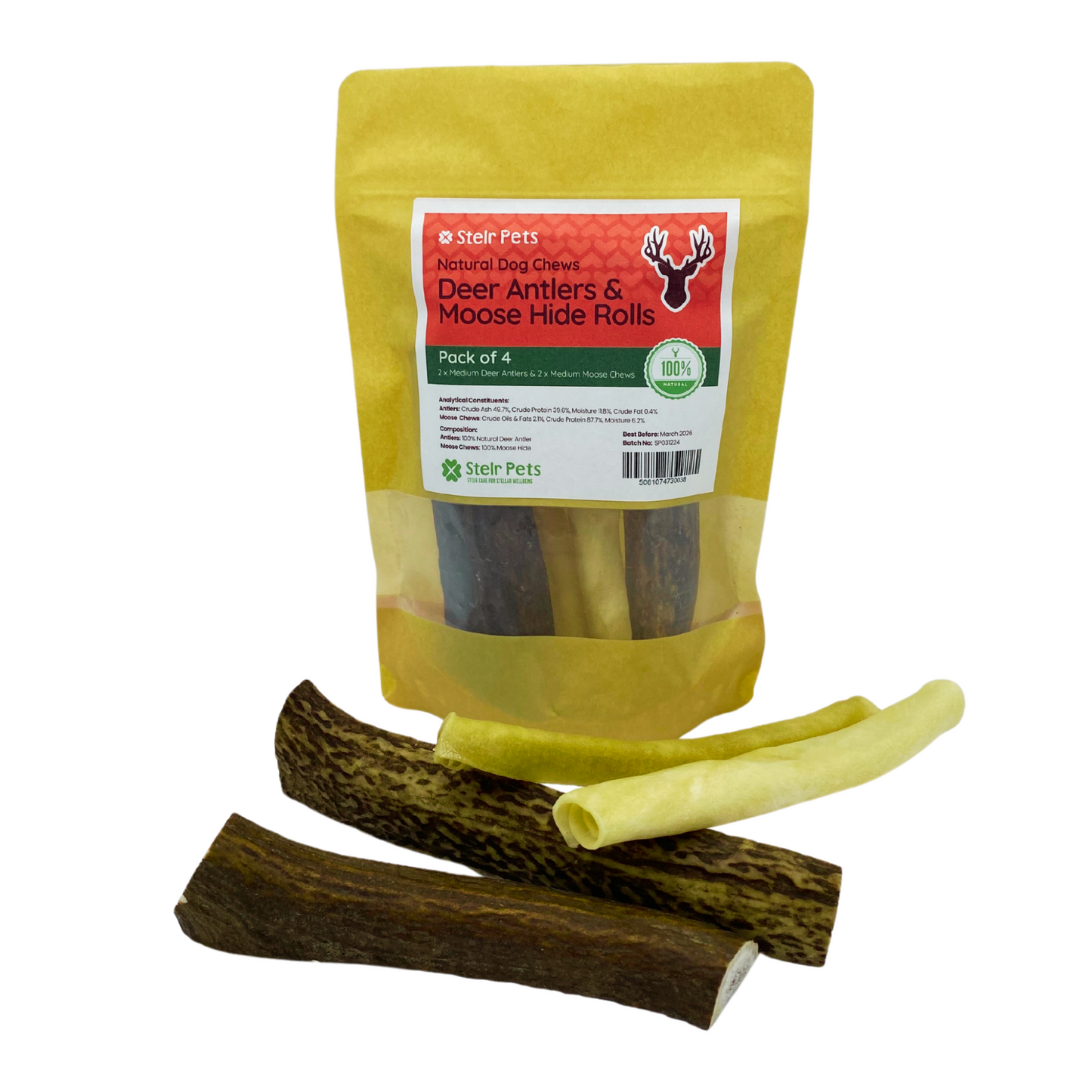 A pack of 4 natural dog chews containing two split medium deer antlers and two moose hide rolls.