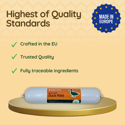 Image shows Stelr Pets Duck Pate on a gold platter and a caption 'highest of quality standards'. 