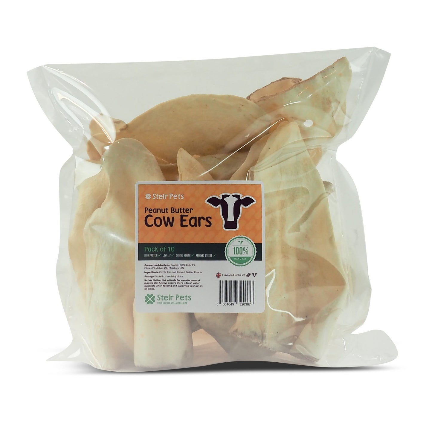 A pack of natural cow ears dog treats in peanut butter flavour. 