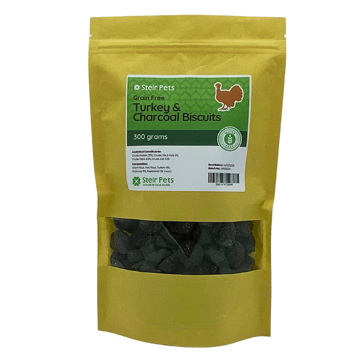 A 300 gram pack of grain-free turkey and charcoal biscuits from Stelr Pets