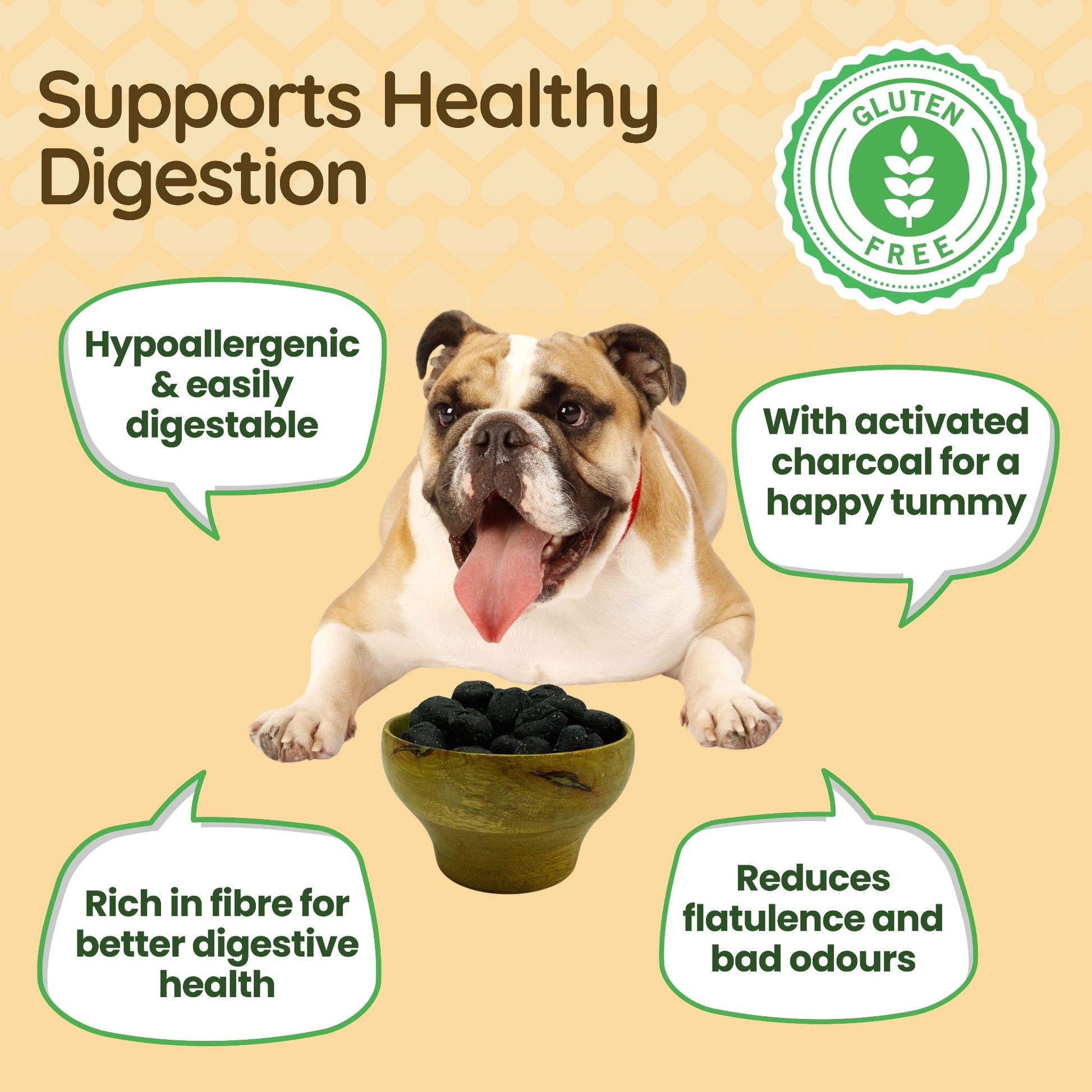 A dog in front of a bowl of gluten-free dog biscuits with charcoal to support healthy digestion. 