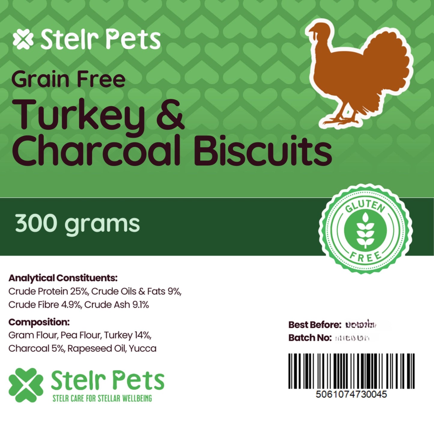 Package label for a 300 gram pack of grain-free turkey and charcoal biscuits from Stelr Pets