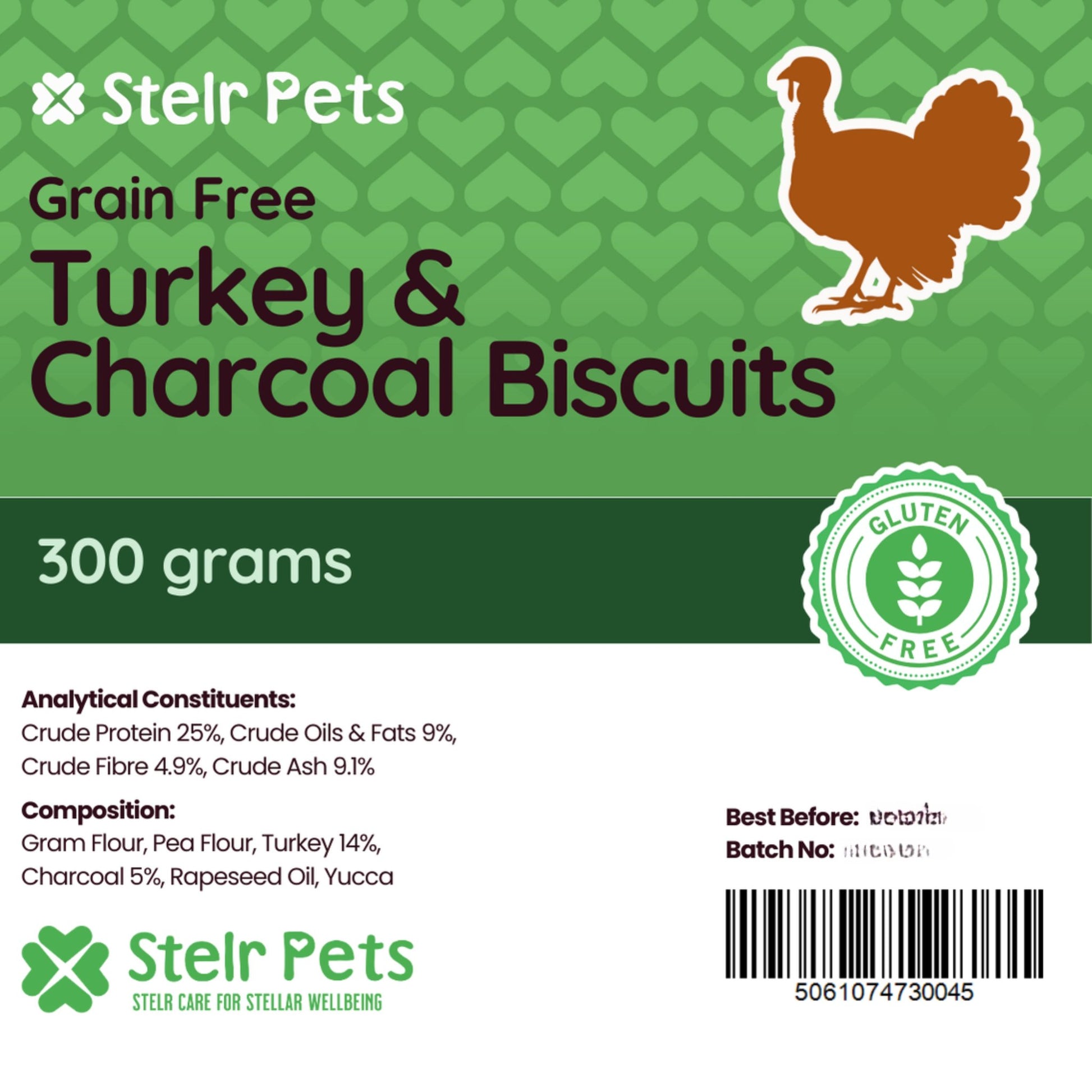 Package label for a 300 gram pack of grain-free turkey and charcoal biscuits from Stelr Pets