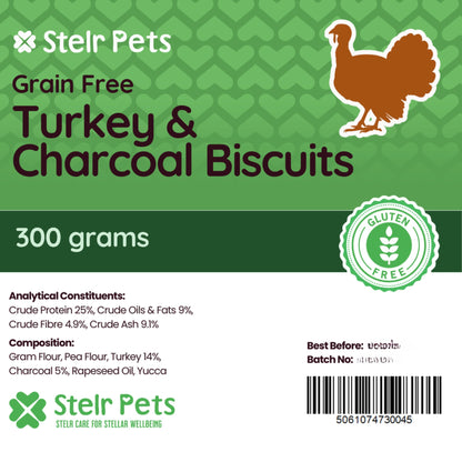 Package label for a 300 gram pack of grain-free turkey and charcoal biscuits from Stelr Pets