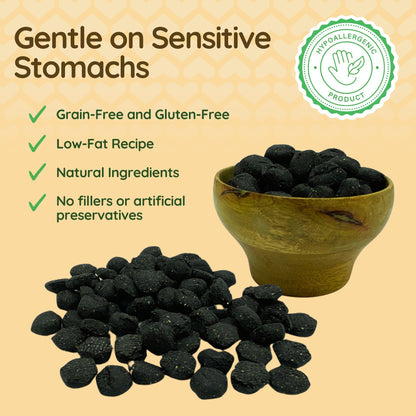 Charcoal biscuits from Stelr Pets are grain and gluten-free and made from natural ingredients, making them gentle on sensitive stomachs. 
