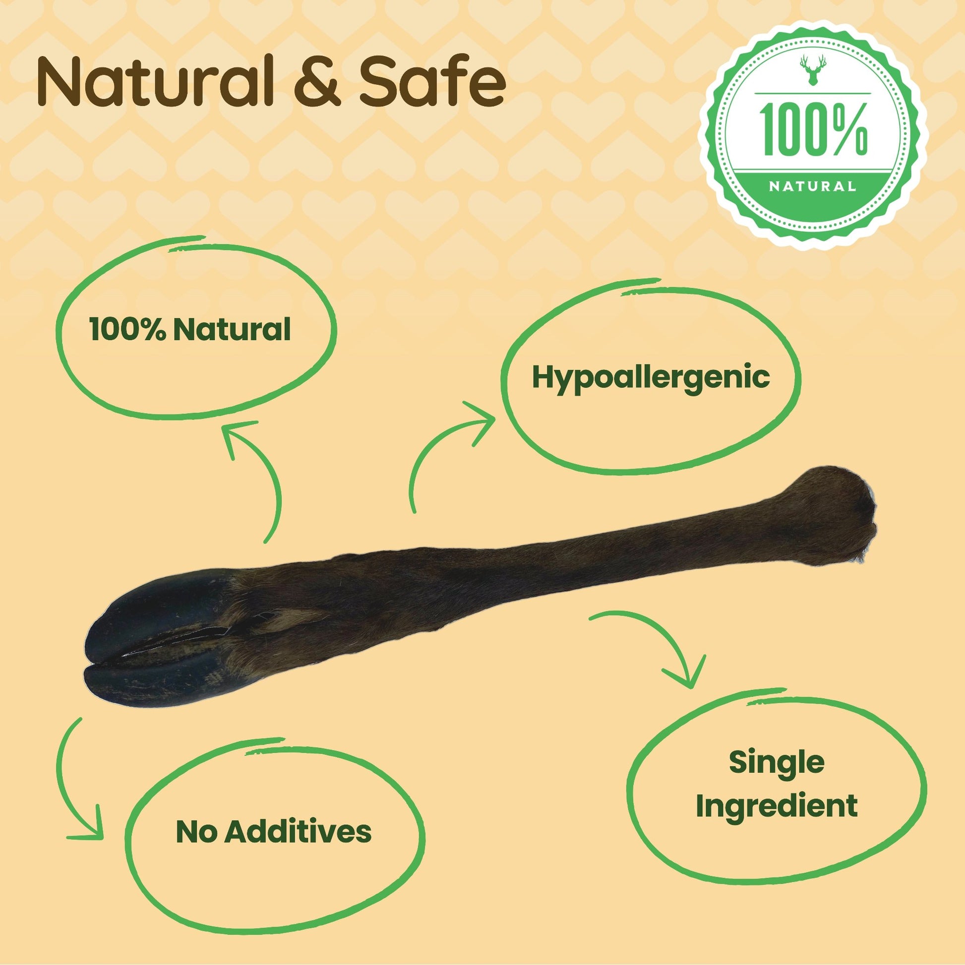 An XL hairy deer leg is displayed against a warm yellow background with heart patterns. The text highlights its key benefits in green circles around the leg: "100% Natural," "Hypoallergenic," "No Additives," and "Single Ingredient." A green seal on the top right corner reads "100% Natural" with a deer icon. 