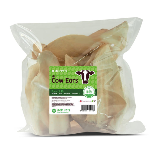 A pack of healthy cow ear treats from Stelr Pets in mint flavour. 