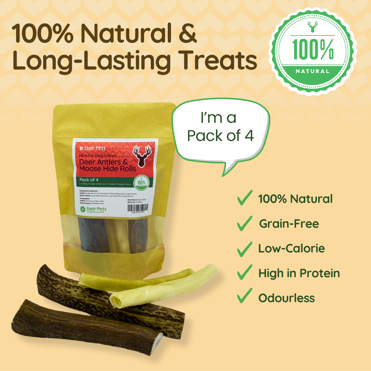 This pack contains 4 natural long-lasting treats. 