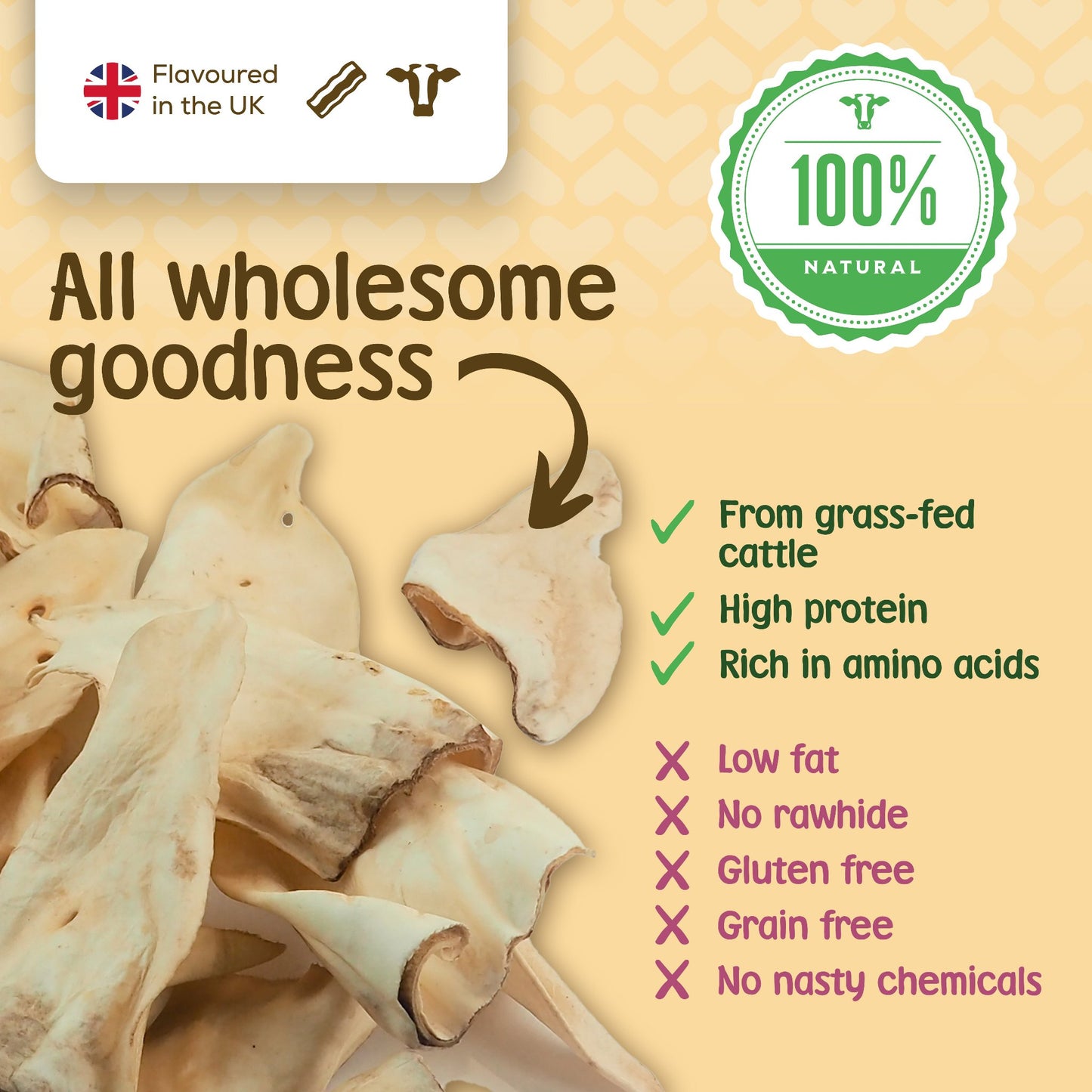 All natural, low fat cow ear treats from Stelr Pets are free from gluten, grain and rawhide. 